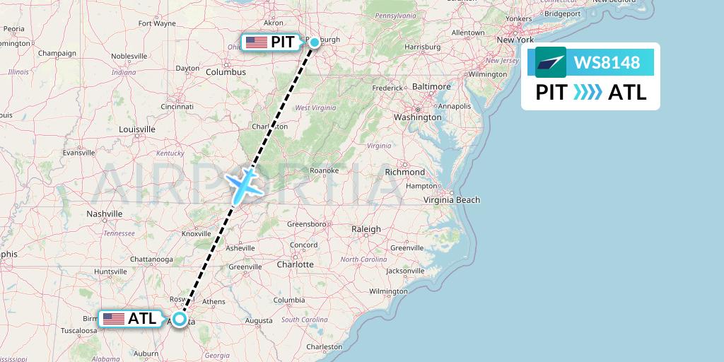 WS8148 WestJet Flight Map: Pittsburgh to Atlanta