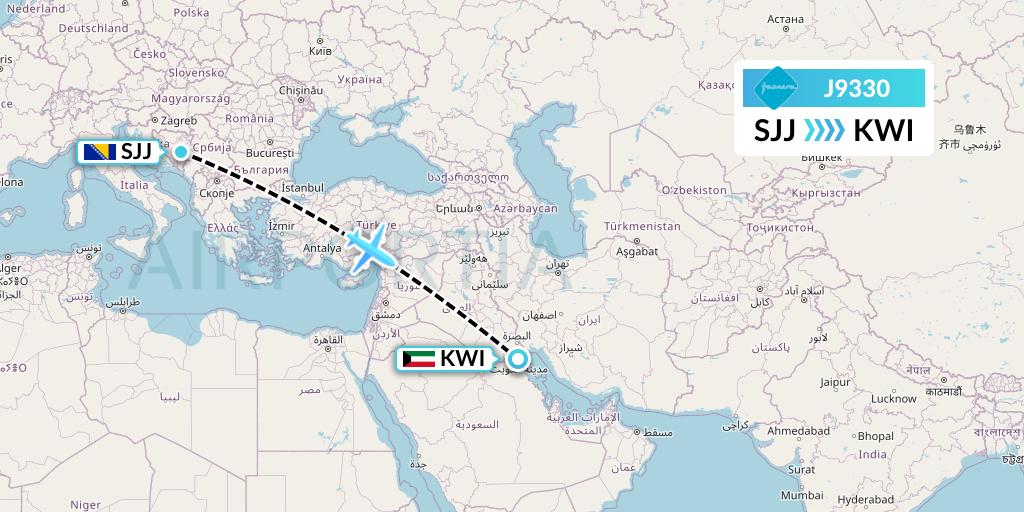 J9330 Jazeera Airways Flight Map: Sarajevo to Kuwait City