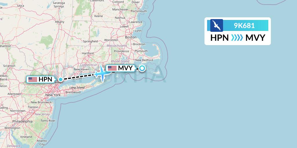 9K681 Cape Air Flight Map: White Plains to Martha's Vineyard