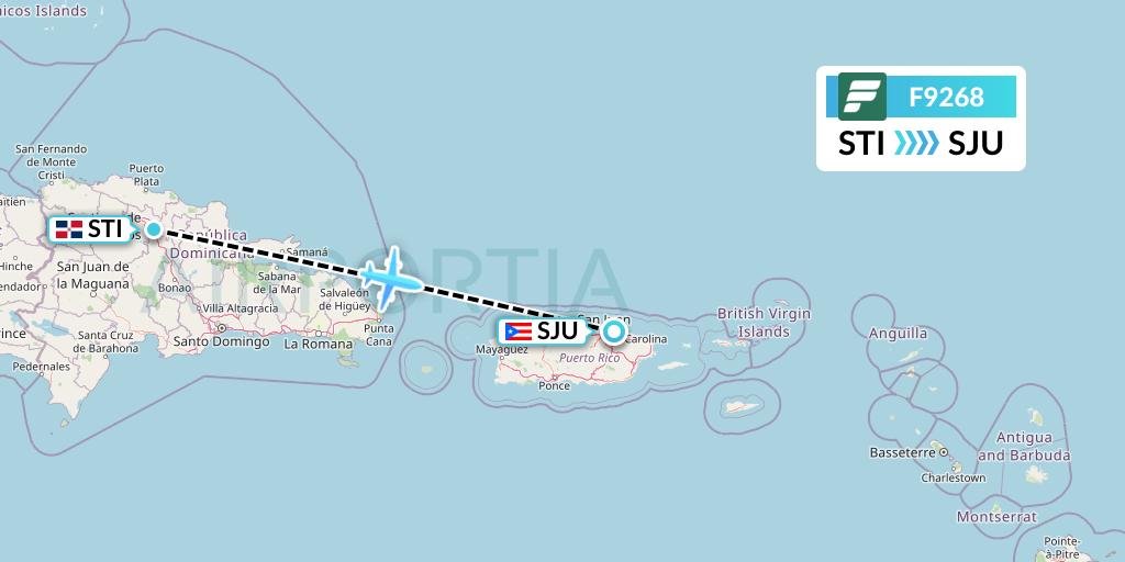 F9268 Frontier Airlines Flight Map: Santiago de los Caballeros to San Juan