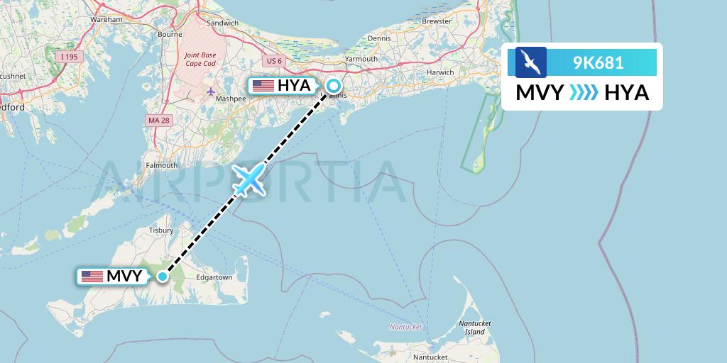 9K681 Cape Air Flight Map: Martha's Vineyard to Hyannis