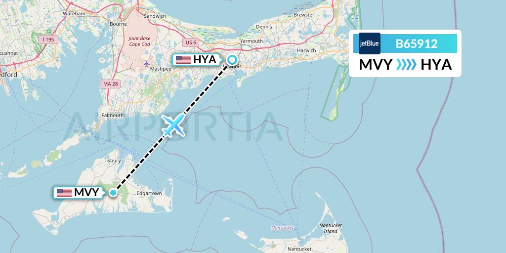B65912 JetBlue Airways Flight Map: Martha's Vineyard to Hyannis