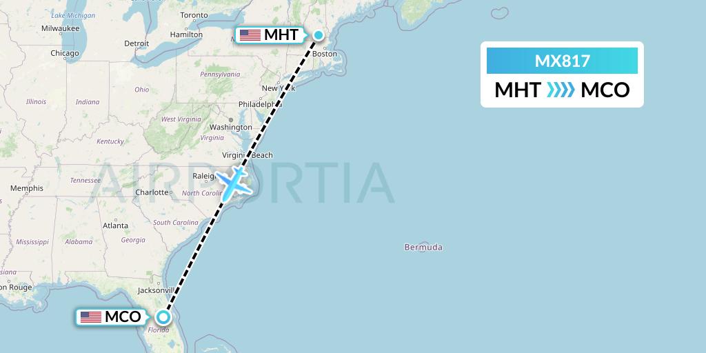 MX817 Breeze Airways Flight Map: Manchester to Orlando