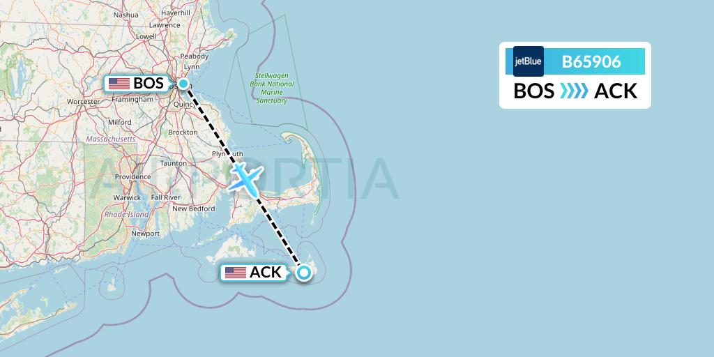 B65906 JetBlue Airways Flight Map: Boston to Nantucket