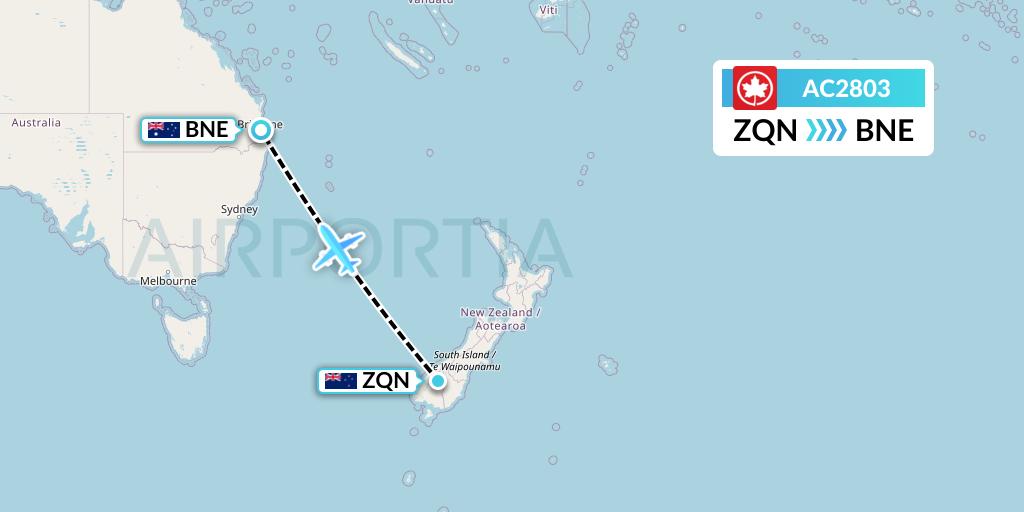 AC2803 Air Canada Flight Map: Queenstown to Brisbane