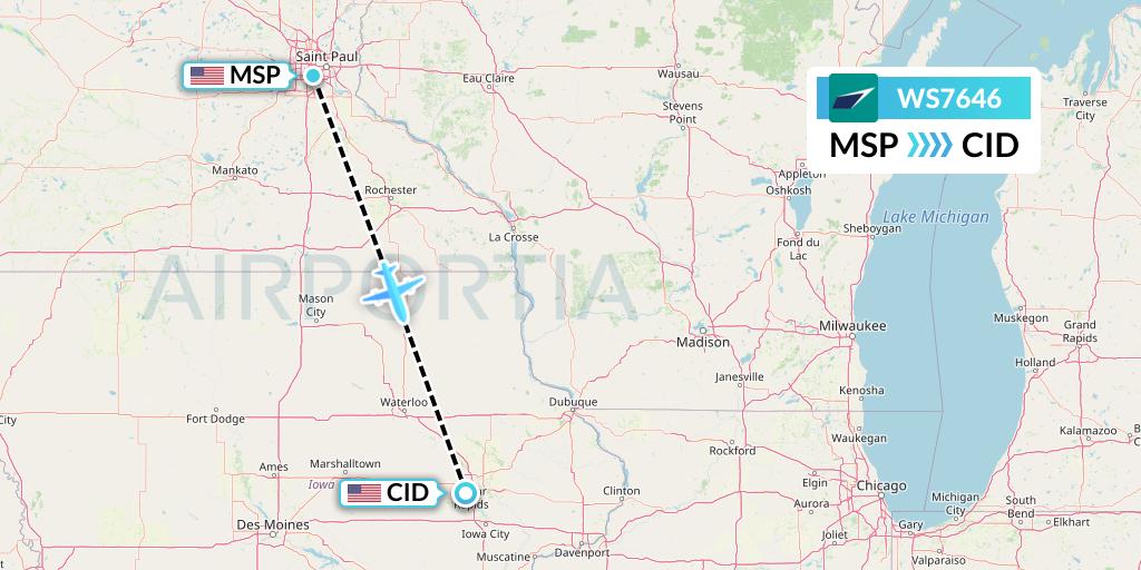 WS7646 WestJet Flight Map: Minneapolis to Cedar Rapids