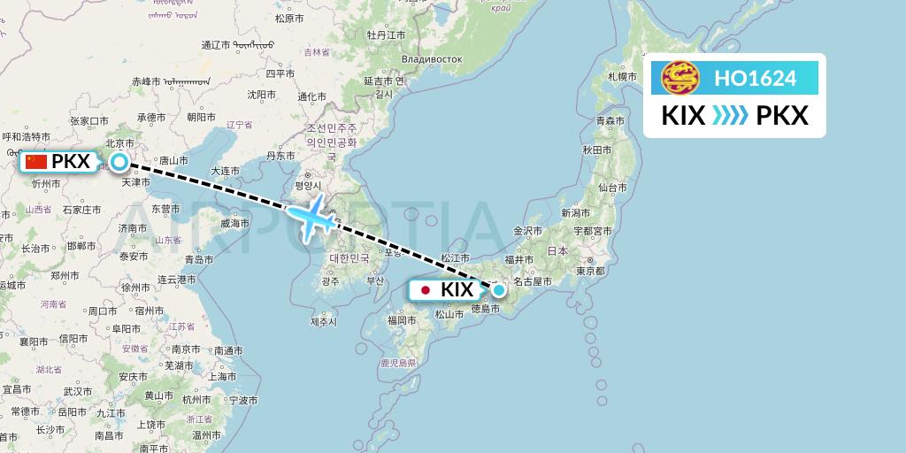 HO1624 Juneyao Airlines Flight Map: Osaka to Beijing