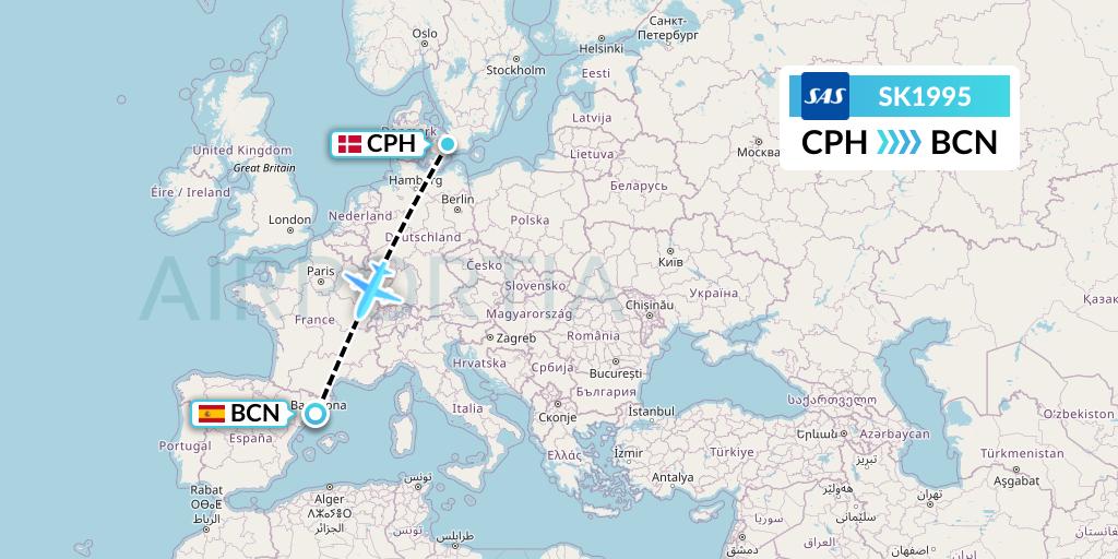 SK1995 SAS Flight Map: Copenhagen to Barcelona