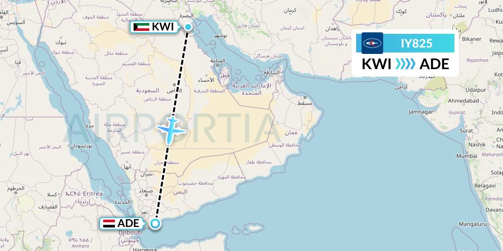 IY825 Yemenia Flight Map: Kuwait City to Aden