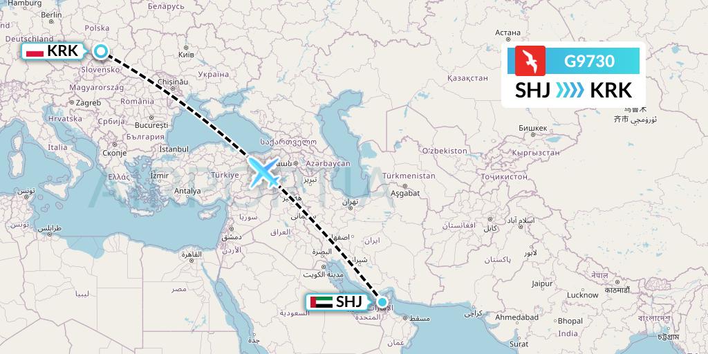 G9730 Air Arabia Flight Map: Sharjah to Krakow
