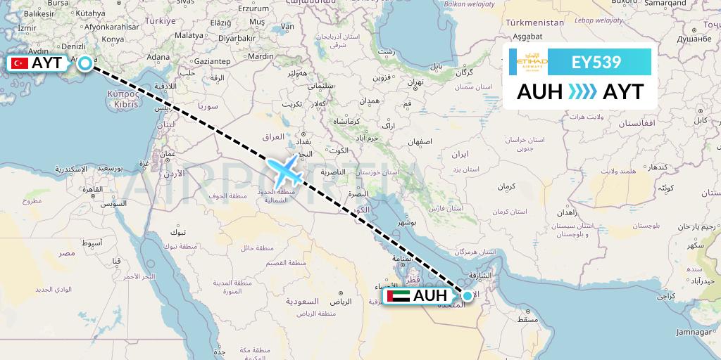 EY539 Etihad Airways Flight Map: Abu Dhabi to Antalya