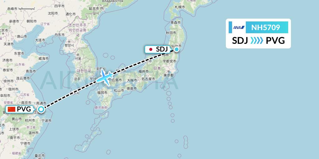 NH5709 All Nippon Airways Flight Map: Sendai to Shanghai