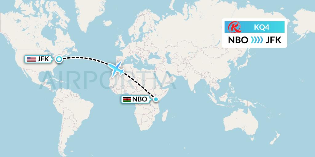 KQ4 Kenya Airways Flight Map: Nairobi to New York