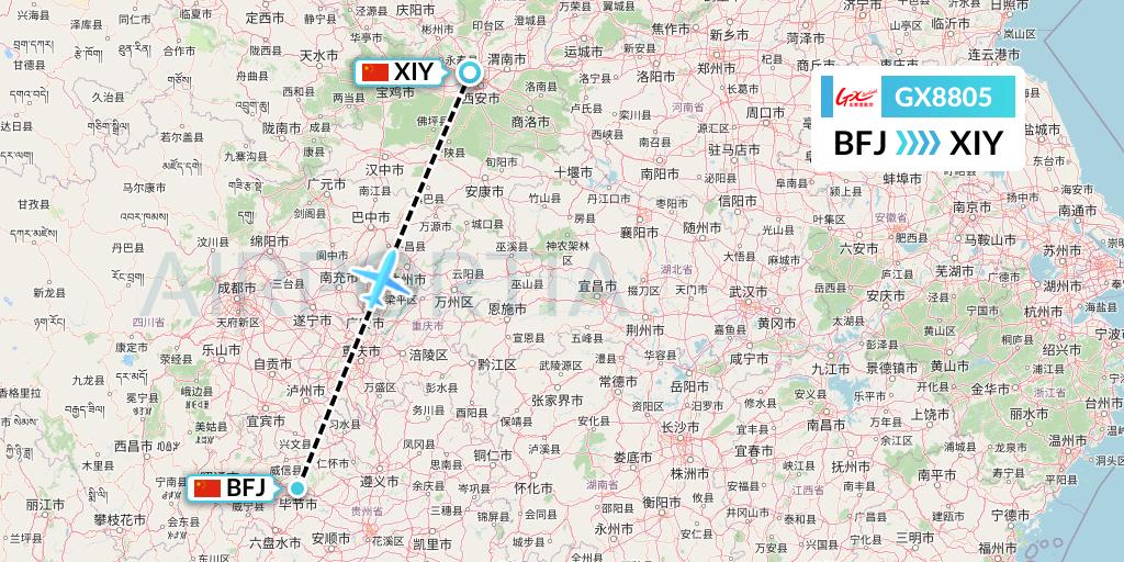 GX8805 GX Airlines Flight Map: Bijie to Xi'an