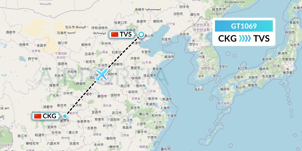 GT1069 Air Guilin Flight Map: Chongqing to Tangshan