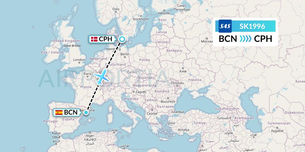 SK1996 SAS Flight Map: Barcelona to Copenhagen