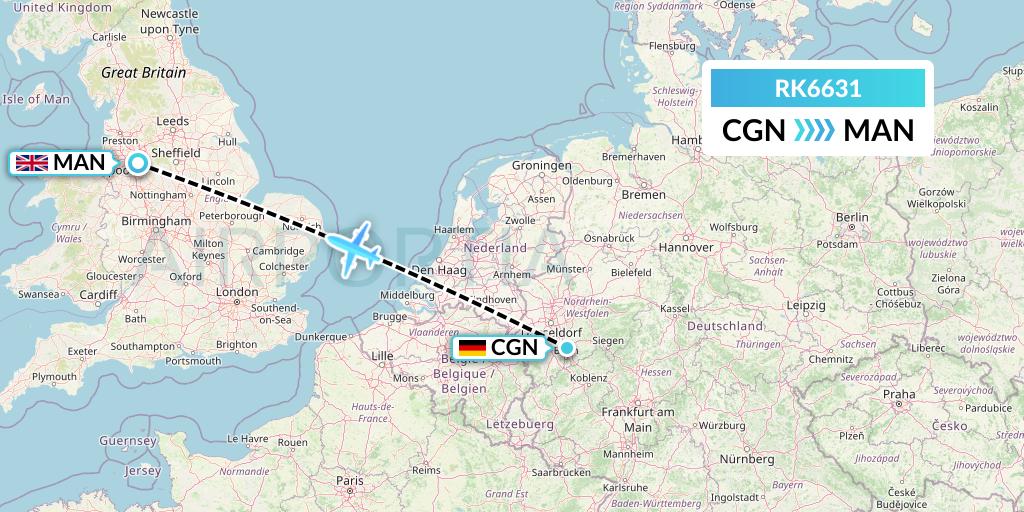RK6631 Ryanair UK Flight Map: Cologne to Manchester