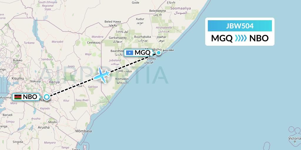 JBW504 Jubba Airways Flight Map: Mogadishu to Nairobi