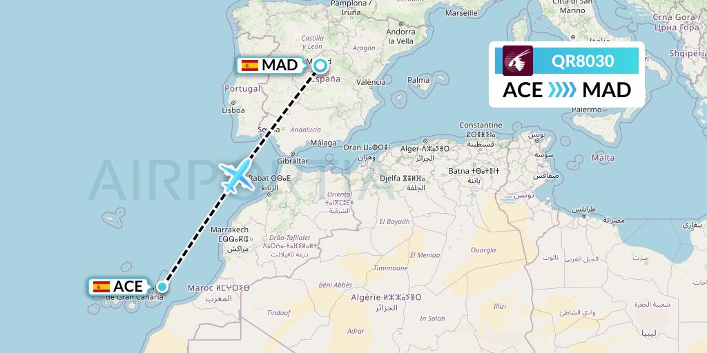 QR8030 Qatar Airways Flight Map: Lanzarote to Madrid