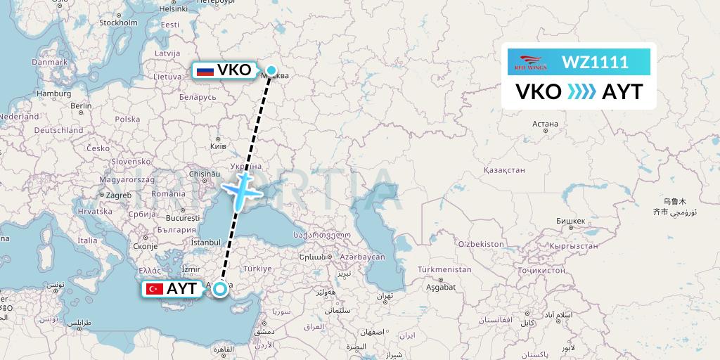 WZ1111 Red Wings Flight Map: Moscow to Antalya