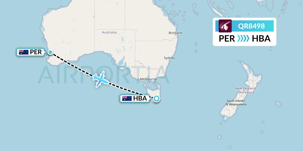 QR8498 Qatar Airways Flight Map: Perth to Hobart