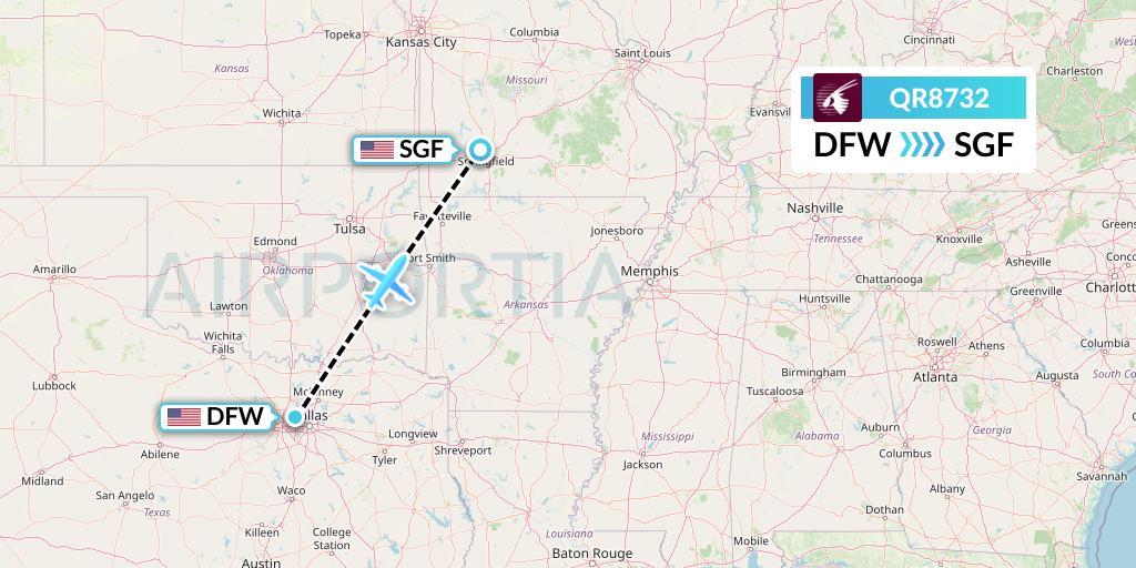 QR8732 Qatar Airways Flight Map: Dallas to Springfield
