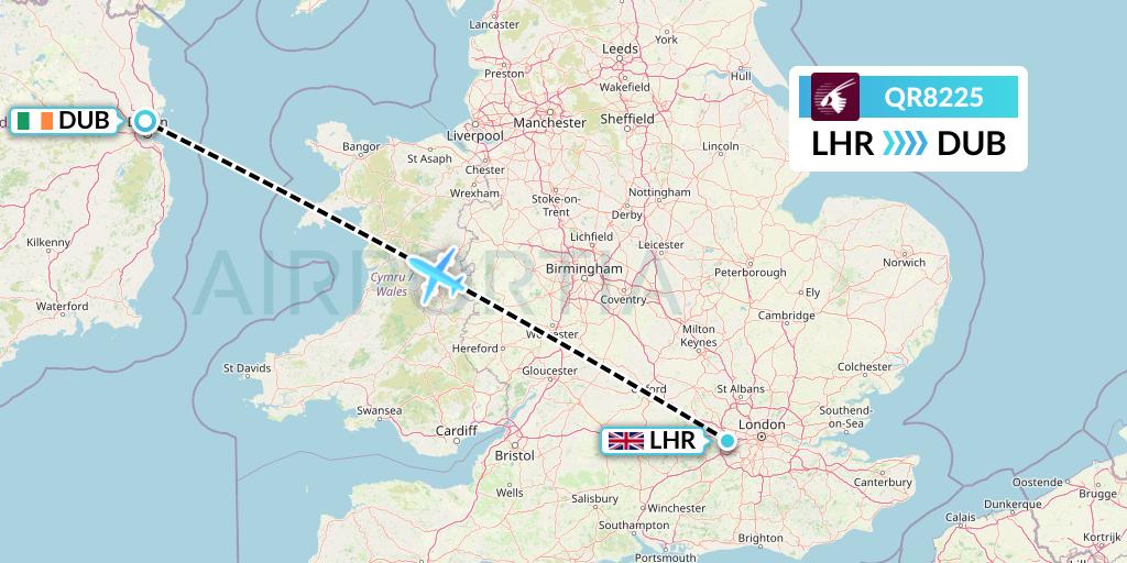 QR8225 Qatar Airways Flight Map: London to Dublin