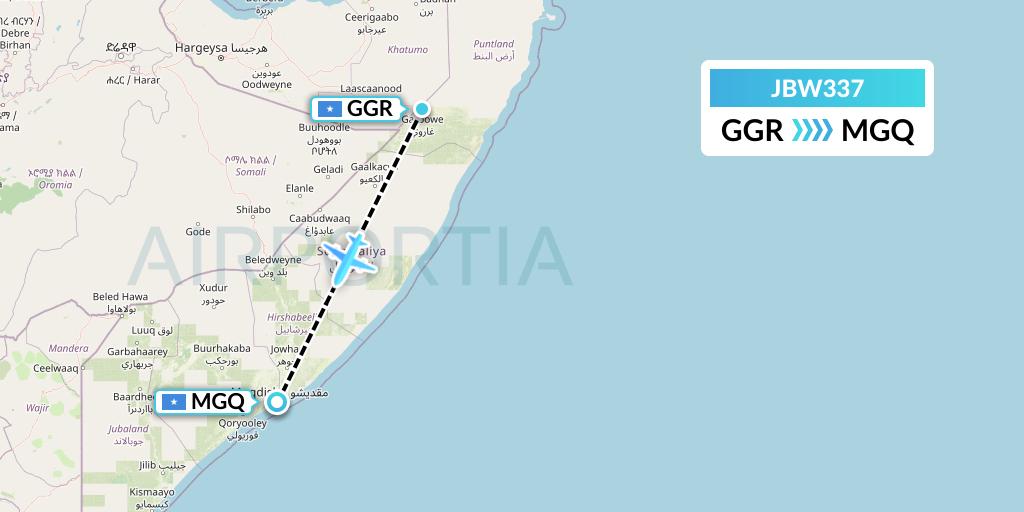 JBW337 Jubba Airways Flight Map: Garoe to Mogadishu
