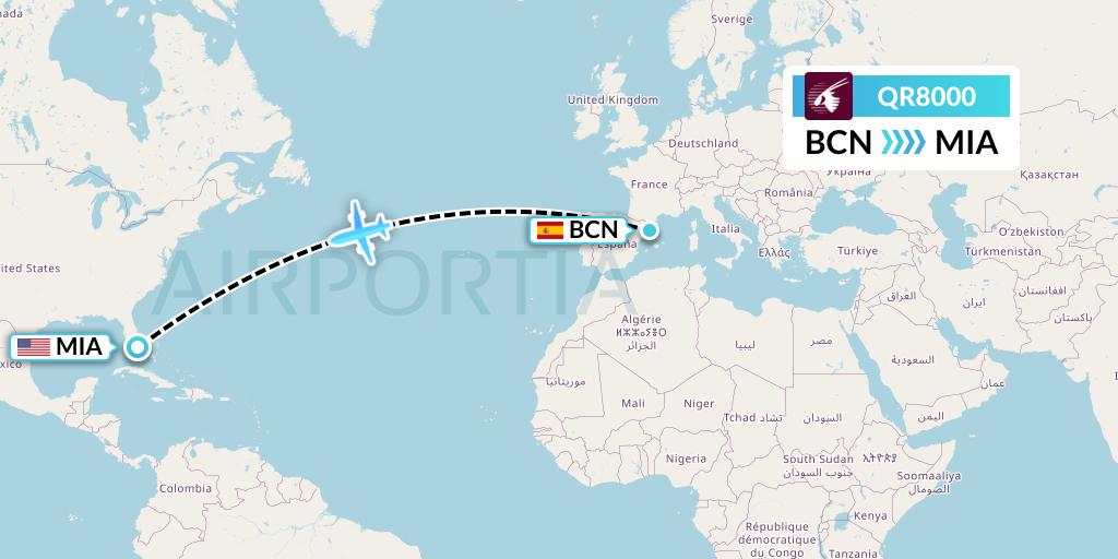 QR8000 Qatar Airways Flight Map: Barcelona to Miami