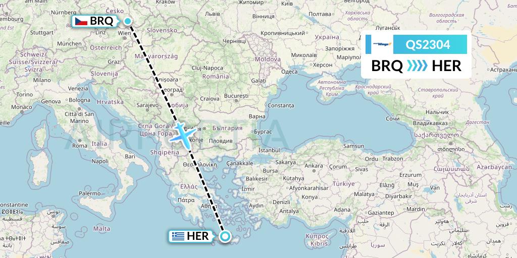 QS2304 Smartwings Flight Map: Brno to Heraklion