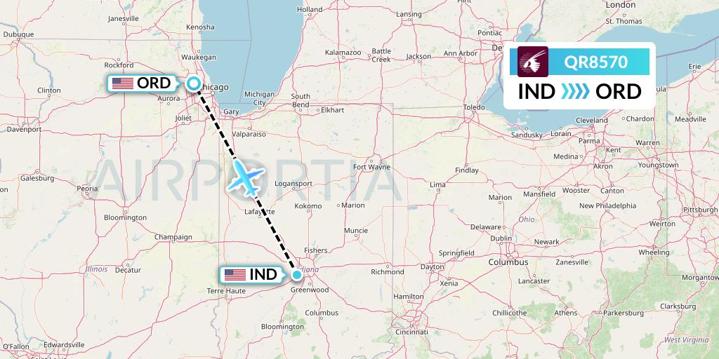 QR8570 Qatar Airways Flight Map: Indianapolis to Chicago