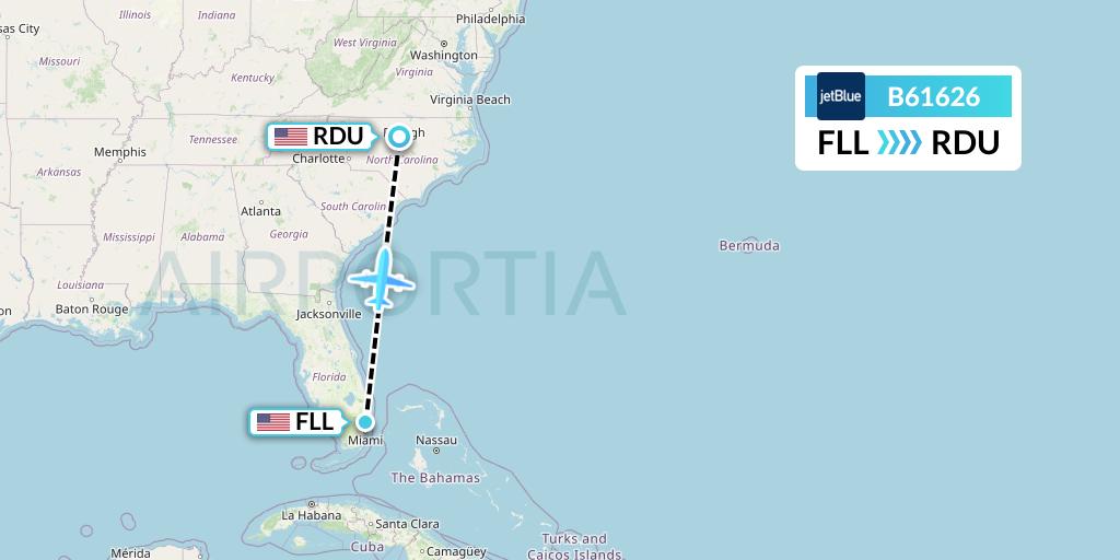 B61626 JetBlue Airways Flight Map: Fort Lauderdale to Raleigh-Durham