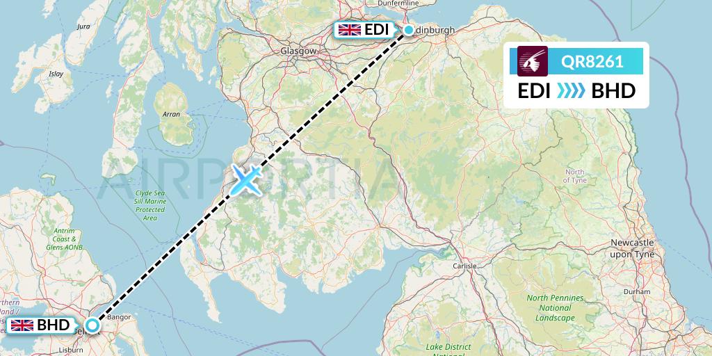 QR8261 Qatar Airways Flight Map: Edinburgh to Belfast