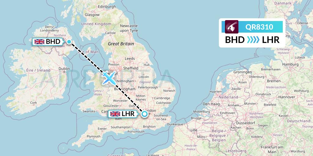 QR8310 Qatar Airways Flight Map: Belfast to London