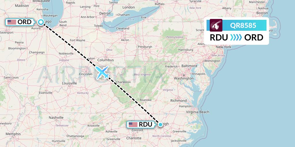 QR8585 Qatar Airways Flight Map: Raleigh-Durham to Chicago