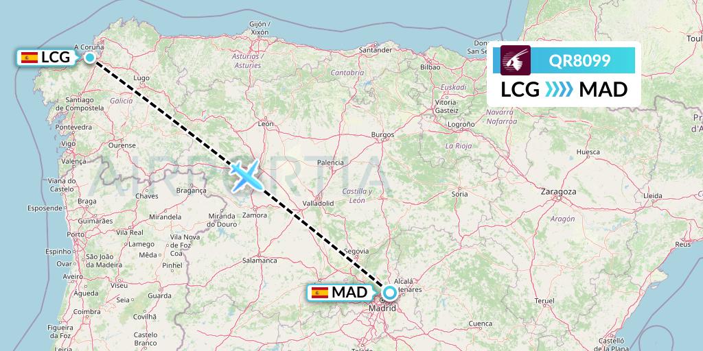 QR8099 Qatar Airways Flight Map: A Coruna to Madrid