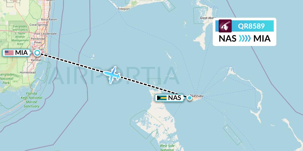 QR8589 Qatar Airways Flight Map: Nassau to Miami