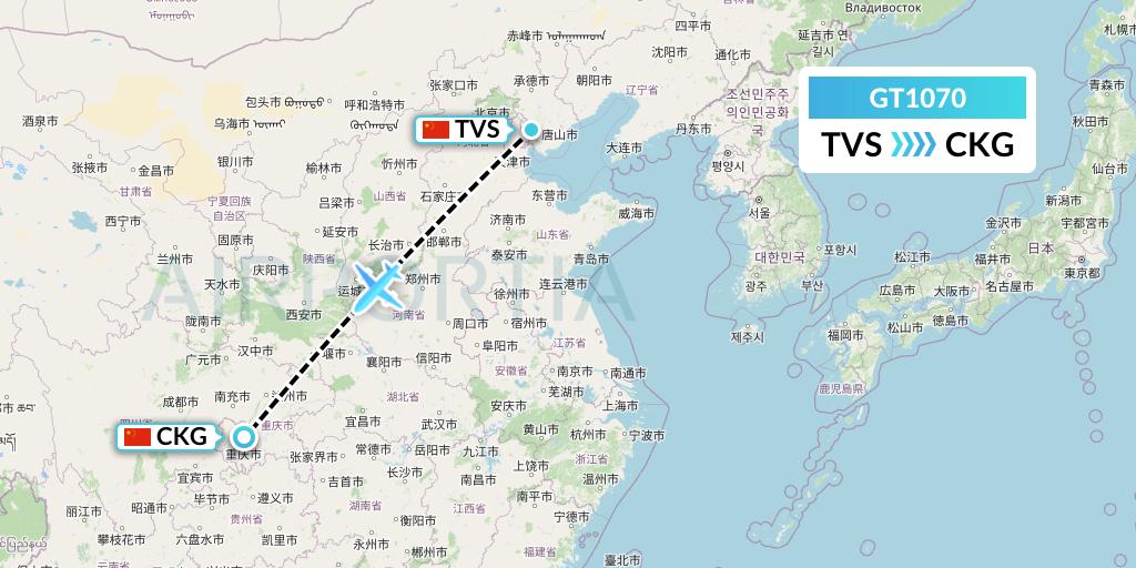 GT1070 Air Guilin Flight Map: Tangshan to Chongqing