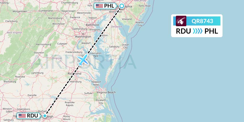 QR8743 Qatar Airways Flight Map: Raleigh-Durham to Philadelphia