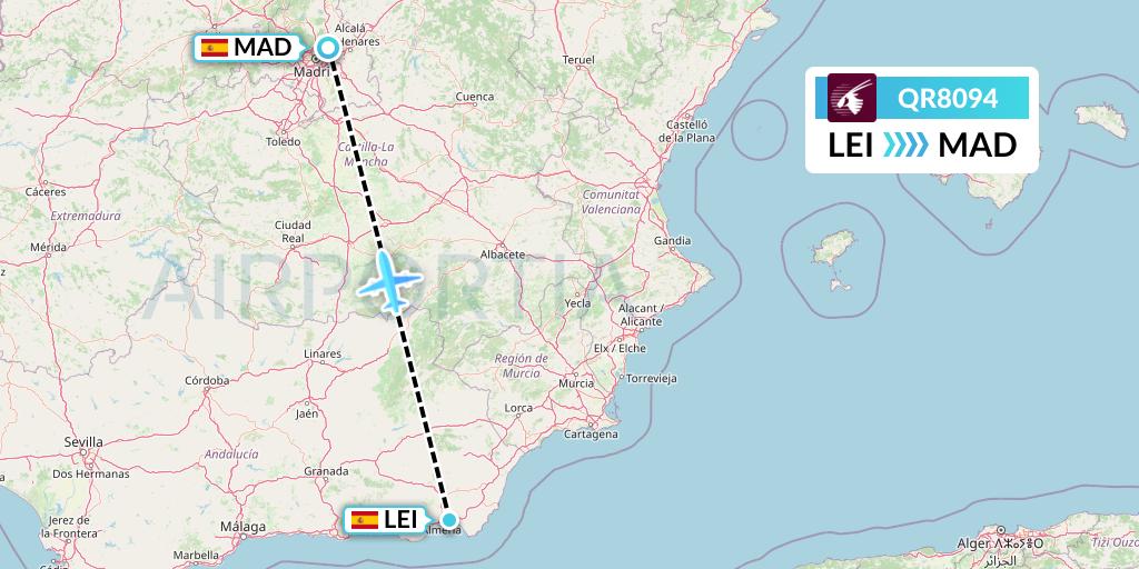 QR8094 Qatar Airways Flight Map: Almeria to Madrid