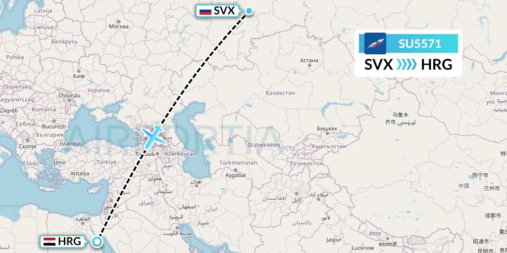SU5571 Aeroflot Flight Map: Yekaterinburg to Hurghada