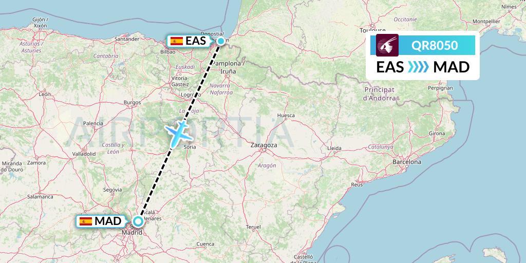 QR8050 Qatar Airways Flight Map: San Sebastian to Madrid