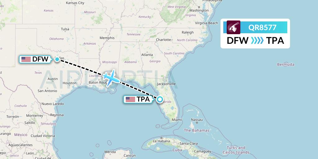 QR8577 Qatar Airways Flight Map: Dallas to Tampa