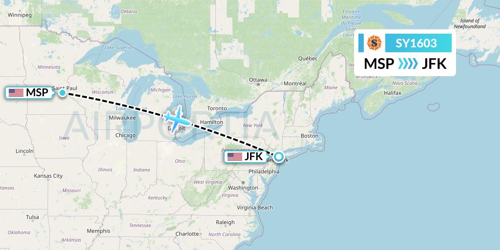 SY1603 Sun Country Airlines Flight Map: Minneapolis to New York