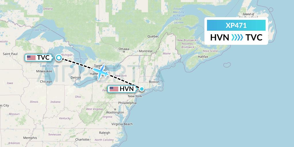 XP471 Avelo Airlines Flight Map: New Haven to Traverse City