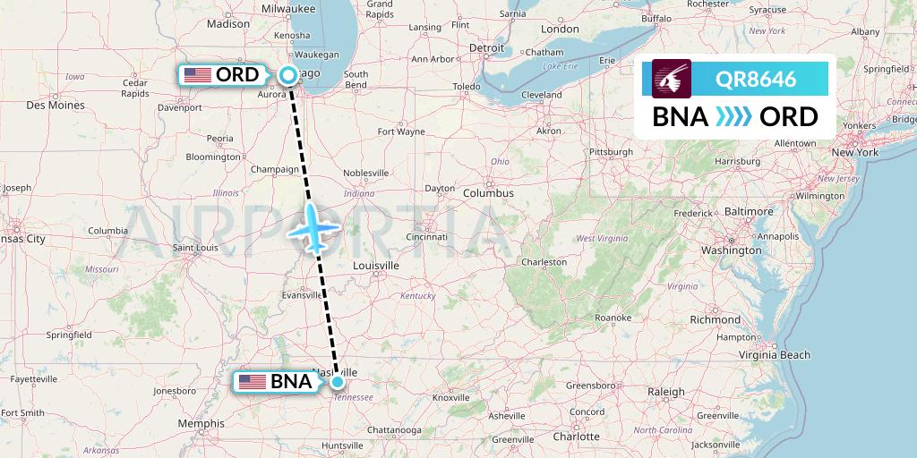QR8646 Qatar Airways Flight Map: Nashville to Chicago
