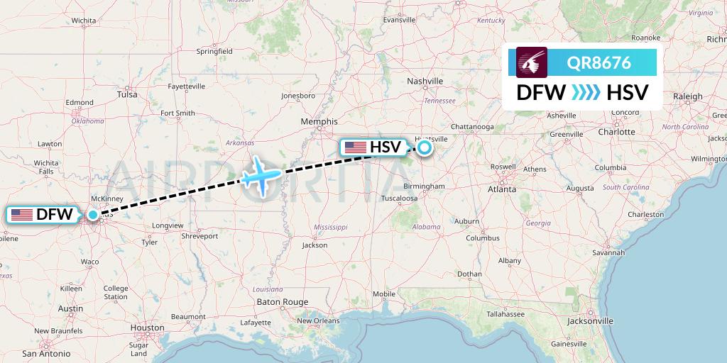QR8676 Qatar Airways Flight Map: Dallas to Huntsville