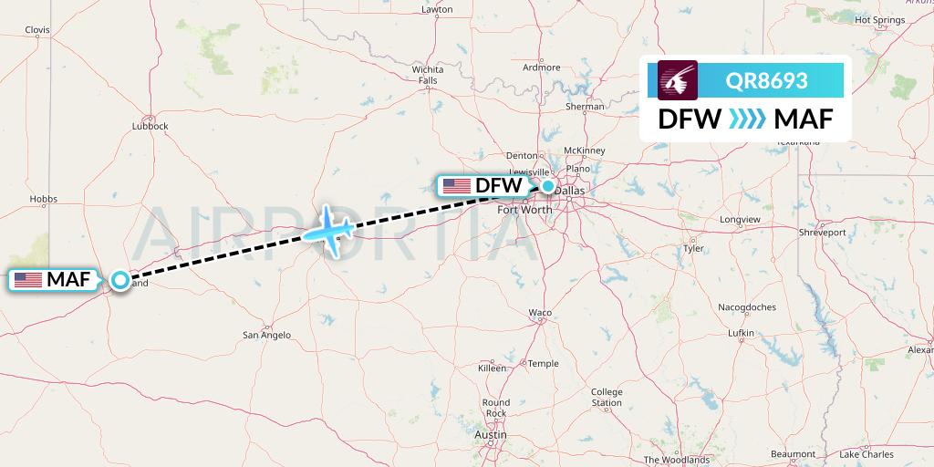 QR8693 Qatar Airways Flight Map: Dallas to Midland