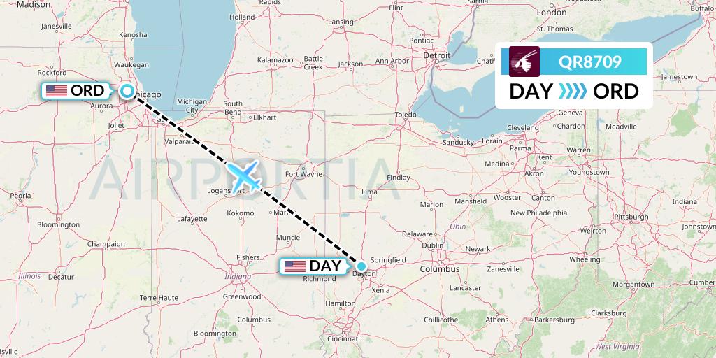 QR8709 Qatar Airways Flight Map: Dayton to Chicago
