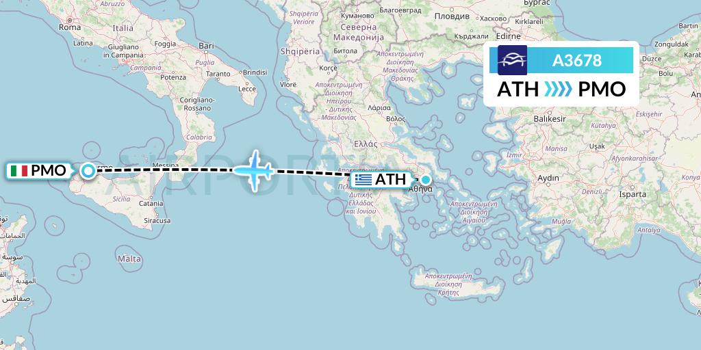 A3678 Aegean Airlines Flight Map: Athens to Palermo